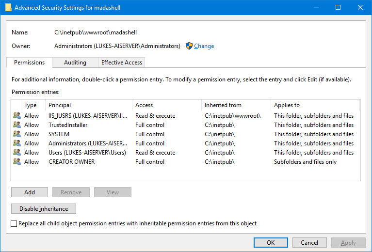 Windows Security Advanced Tab showing file permissions for WordPress on IIS